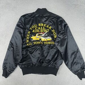 VTG Game All Town Towing Jacket Men's Sz M Black Satin Embroider 2-Side Made USA
